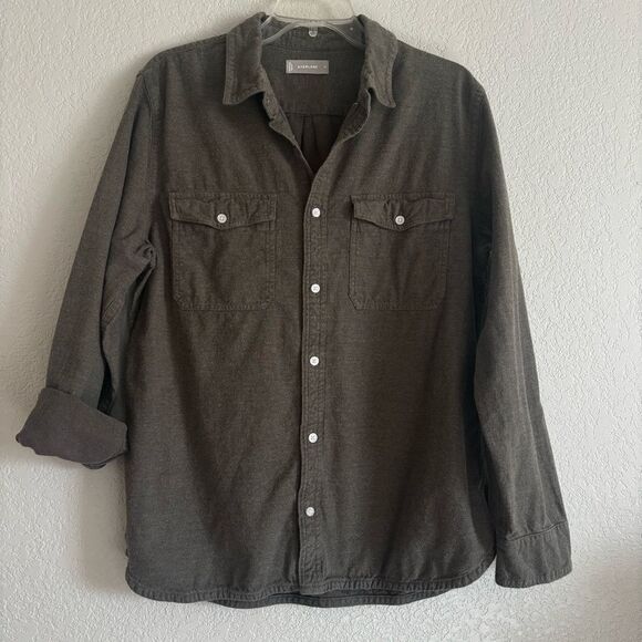 Everlane Mens Size Extra Large Olive Green Cotton Flannel Button Down Shirt - Picture 3 of 13